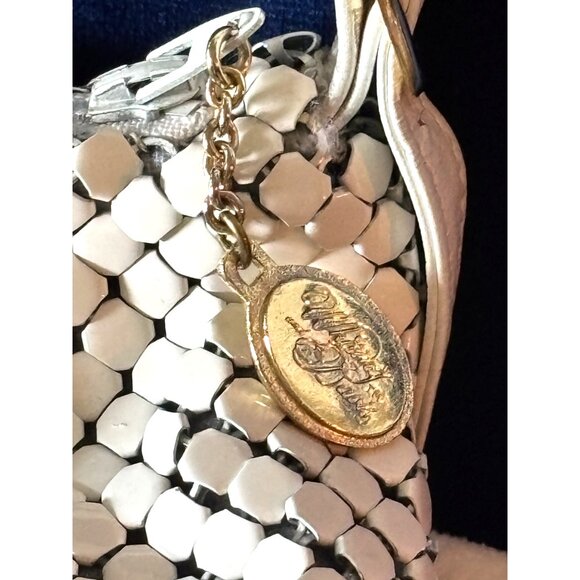 Whiting & Davis Metal Mesh Shoulder Bag Leather Strap Gold Charm 70s Y2K Disco - Picture 12 of 13